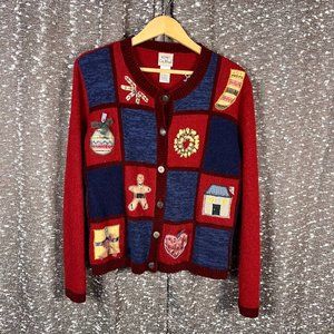 Koret City Blues Women's Christmas Sweater Button‎ Front Red Patchwork
